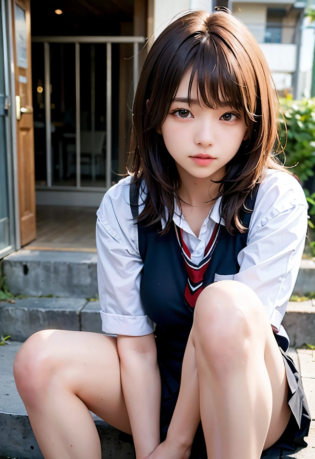 (Best Quality, hight resolution, masutepiece :1.3), (Taken from below), Pretty Woman, Orange sunset sky, Sun and clouds on sea background, Cute girl in uniform. Her hair is light brown in medium bob style. She wears a white blouse and pleated skirt, squatted with legs wide open, Blushing face, looking in camera, Dynamic shooting angle