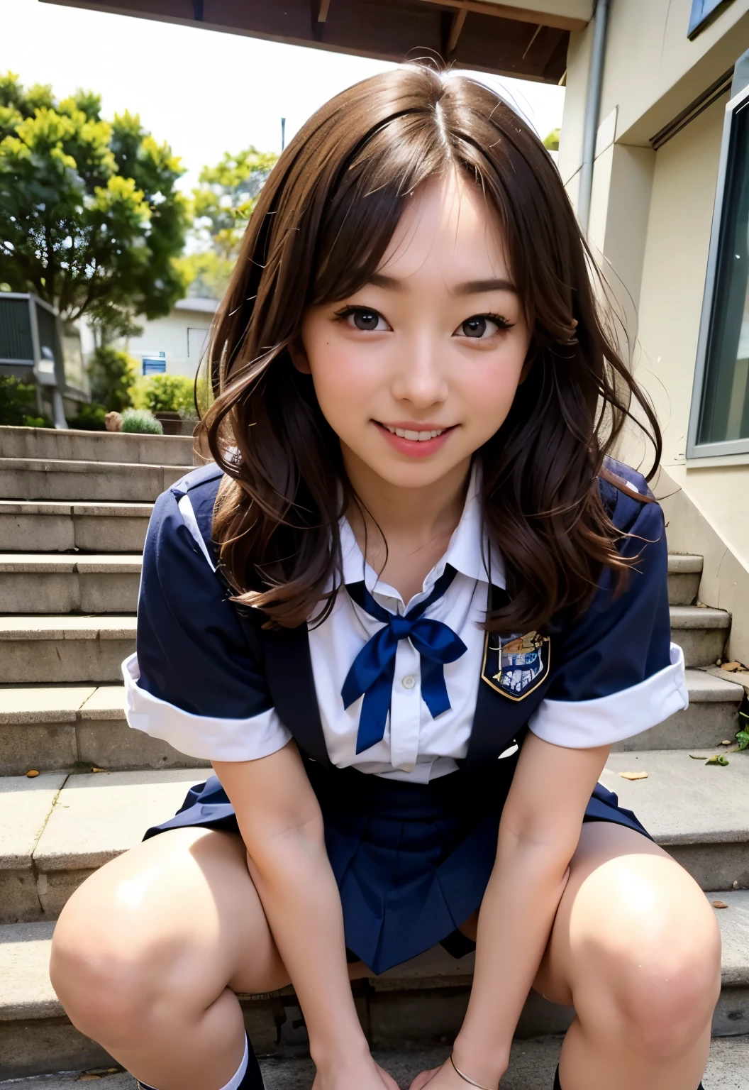 teens girl(masterpiece:1.4)、(8K、realisitic、Raw photo、top-quality:1.4)、japanes、((:1.3)), (1girl in)、beauitful face、(Real Face:1.4)、(Caramel hair、long:1.3)、Beautiful hairstyle、realisticeyes、Beautiful Detail Eye、(Real Skin:1.3)、Beautiful skin、enticing、超A high resolution、A hyper-realistic、high-detail、the golden ratio、High School Girl Uniform Skbic area visible、sit on stairs、((Bend your knees and open your legs))、frontage