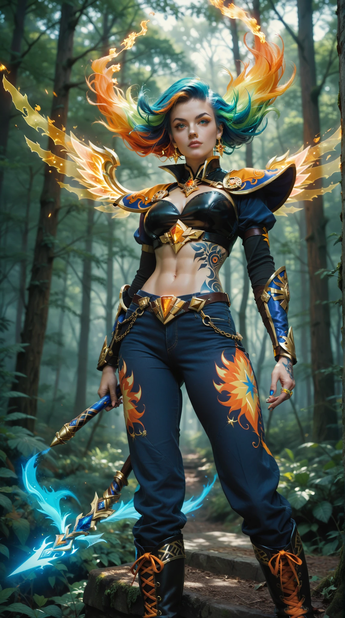  surrounded by glowing gold rings . An epic fantasy of a woman , atmosphere highlights the strength and mysterious presence of warriors {x} fierce warriors with blue neon tattoos A gorgeous accessory. decorative marker , wears brightly colored combat costumes . pants and boots .Her rotating , in a hazy dark forest , radiates divine energy in her hands . background is a fiery , vibrant orange and gold tones , evokes chaos and celestial power . The .