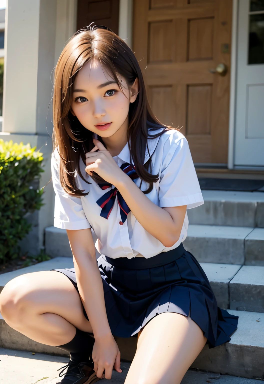 teens girl(​masterpiece:1.4)、(8K、realisitic、Raw photo、top-quality:1.4)、japanes、((Elementary school girl:1.3)), (1girl in)、beauitful face、(Real Face:1.4)、(Caramel hair、long:1.3)、Beautiful hairstyle、realisticeyes、Beautiful Detail Eye、(Real Skin:1.3)、Beautiful skin、enticing、超A high resolution、A hyper-realistic、high-detail、the golden ratio、High School Girl Uniform Skirt、Pubic area visible、sit on stairs、((Bend your knees and open your legs))、frontage