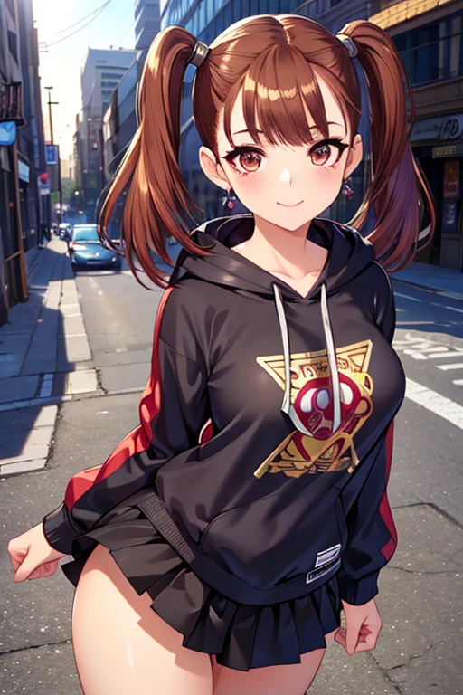 Jessica,  shiny maroon hair,  twin tails, ( beautiful brown eyes、 center split)、smile、 super detailed eyes、 very detailed face ,  highly detailed eyes ,cowboy shot,、(Alone,  One Girl )、 ,Master Piece,  top quality ,  high res, masterpiece , 





 top quality 、
Anime, short hair with shadows,   hoodie,  computer, streamer,  street style 