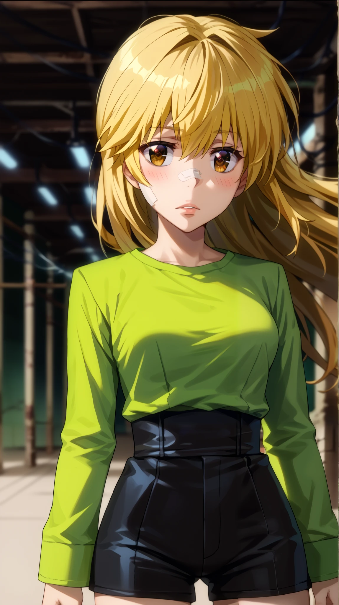  1 girl fights,  clear focus ,  soft lighting , ( Very detailed face  ), ( very detailed eyes  ),  1 adult girl , кареглазая  blonde  ,  Depth of field  , ((  looks at the viewer )),  half-turned ,  in profile  (( long bright yellow hair develops in the wind,  long blond hair to the waist )), shorts,  blonde  ,  long sleeves,  brown eye  , khaki t-shirt (( of the military-colored shirt )), high,  small bust , Breasts, shorts,  black leather thigh length boots  , in the anime style katekyo hitman reborn  ,  against the background of green electric lightning ,  green electrical discharges around the body, slightly opened her lips , blush,  long hair to the waist ,  long yellow hair 