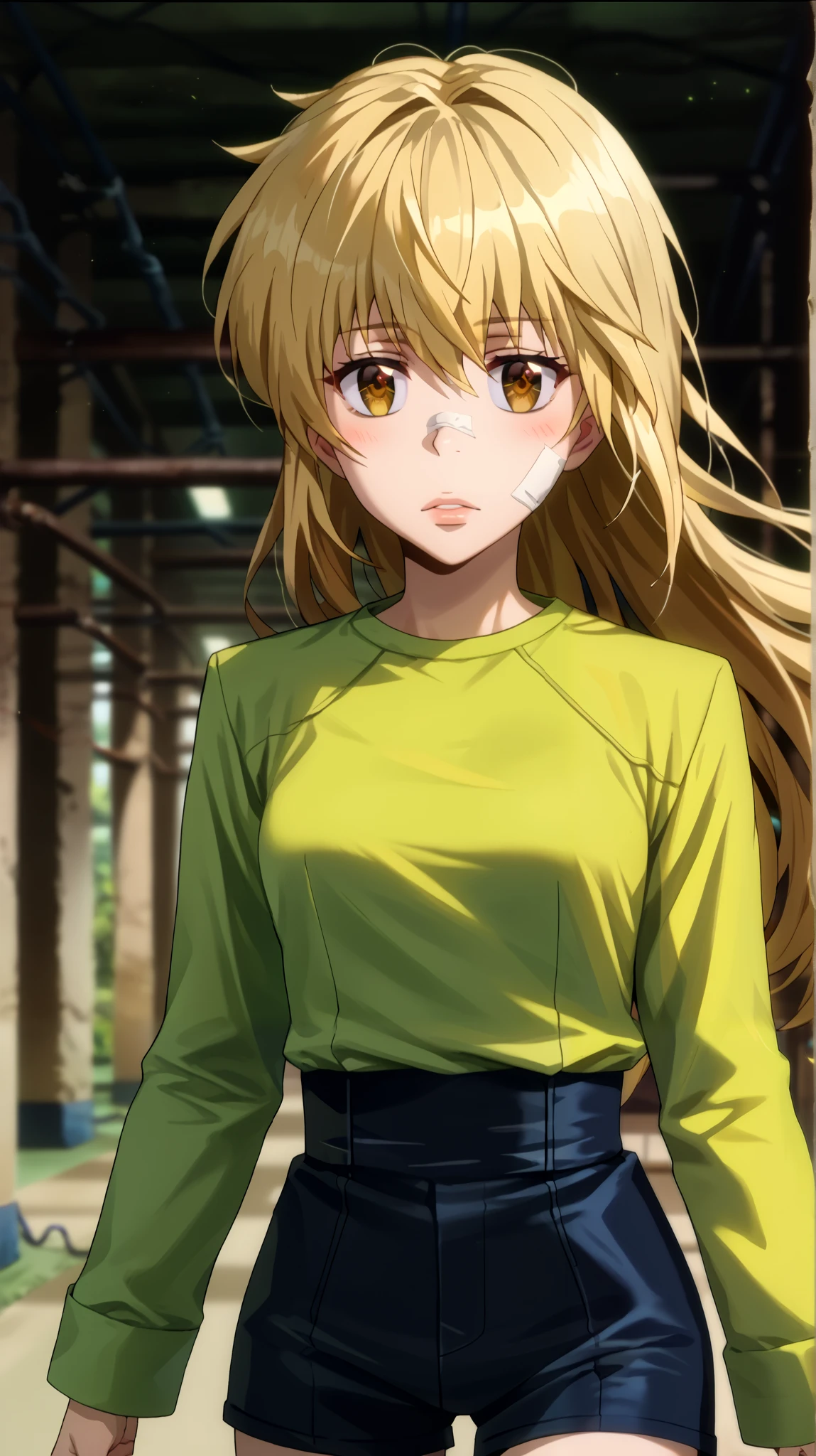  1 girl fights,  clear focus ,  soft lighting , ( Very detailed face  ), ( very detailed eyes  ),  1 adult girl , кареглазая  blonde  ,  Depth of field  , ((  looks at the viewer )),  half-turned ,  in profile  (( long bright yellow hair develops in the wind,  long blond hair to the waist )), shorts,  blonde  ,  long sleeves,  brown eye  , khaki t-shirt (( of the military-colored shirt )), high,  small bust , Breasts, shorts,  black leather thigh length boots  , in the anime style katekyo hitman reborn  ,  against the background of green electric lightning ,  green electrical discharges around the body, slightly opened her lips , blush,  long hair to the waist ,  long yellow hair 