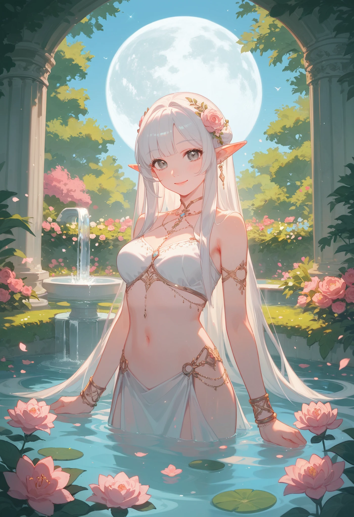 (masterpiece), best quality, highres, ultra-detailed, pastel colors, Girl with long, straight white hair, bangs, tender gray eyes, medium breasts, pale skin, beautiful pink lips, elf ears, adorable blush, adorable face, Tender and adorable body, wearing nymph robes, in a garden sitting in a fountain of water and flowers, smile, moon, navel, jewelry, looking at the viewer, bracelet, smile,