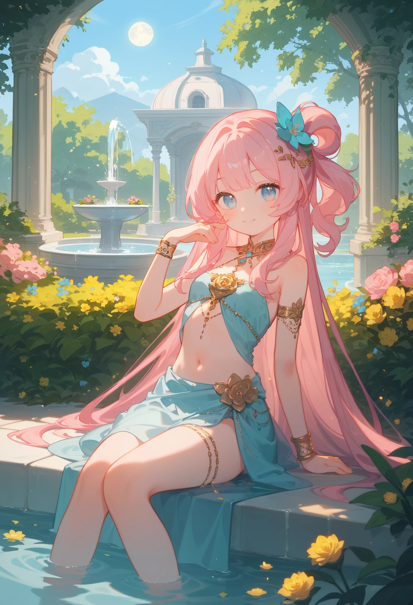 (masterpiece), best quality, highres, ultra-detailed, pastel colors, Girl with long semi-wavy pink hair, tender and bright light blue eyes, Small breasts, adorable blush, adorable face, Tender and adorable body, , wearing nymph robes, in a garden sitting in a fountain of water and flowers, smile, moon, navel, jewelry, looking at the viewer, bracelet, smile,