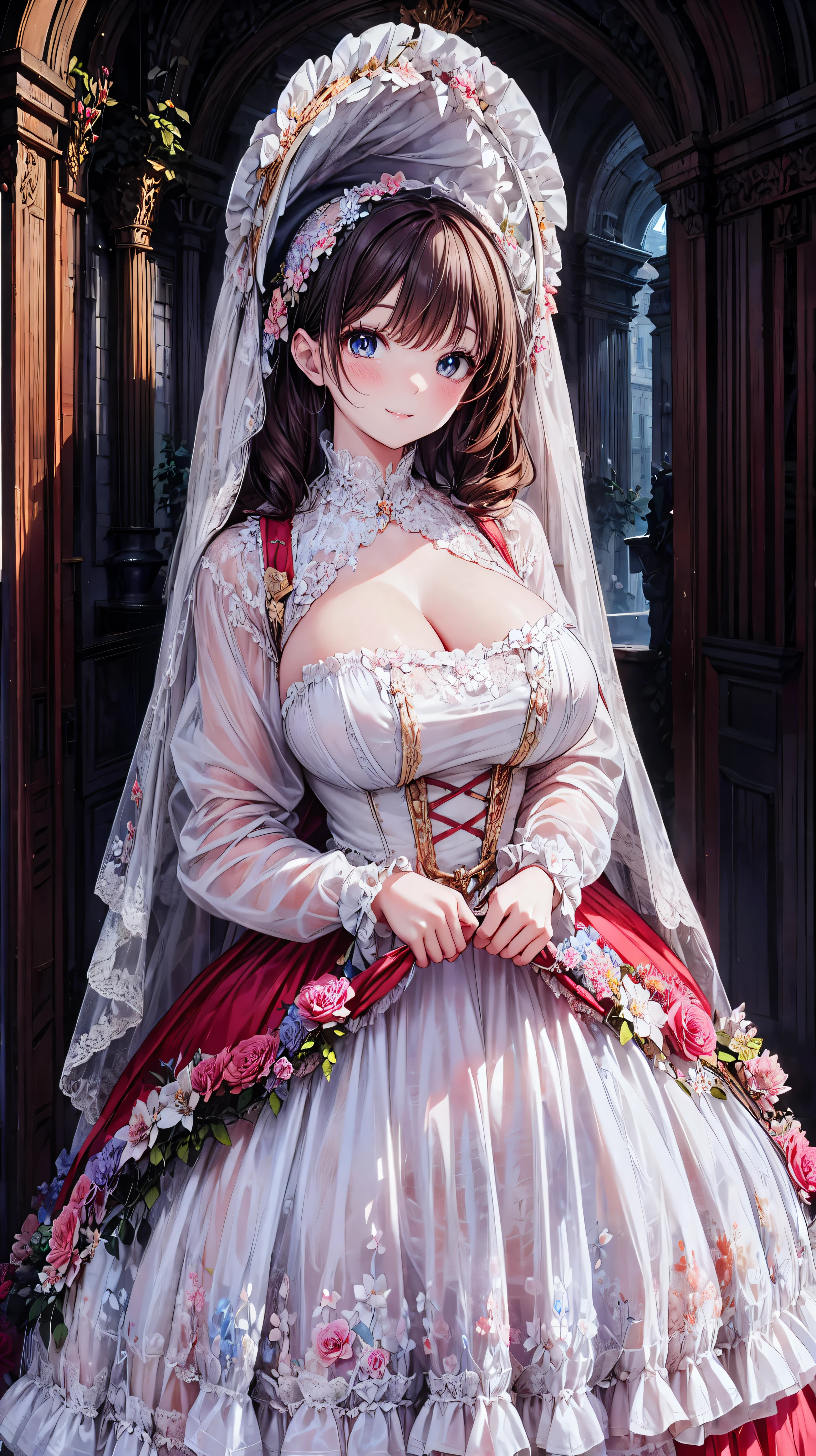  medieval Europe , Lady,  Floral Crinoline Hoop Skirt, red petticoat dress ,  big breasts, hyper detailed beautiful eyes, bonnet, Fluffy, ((smile)), 