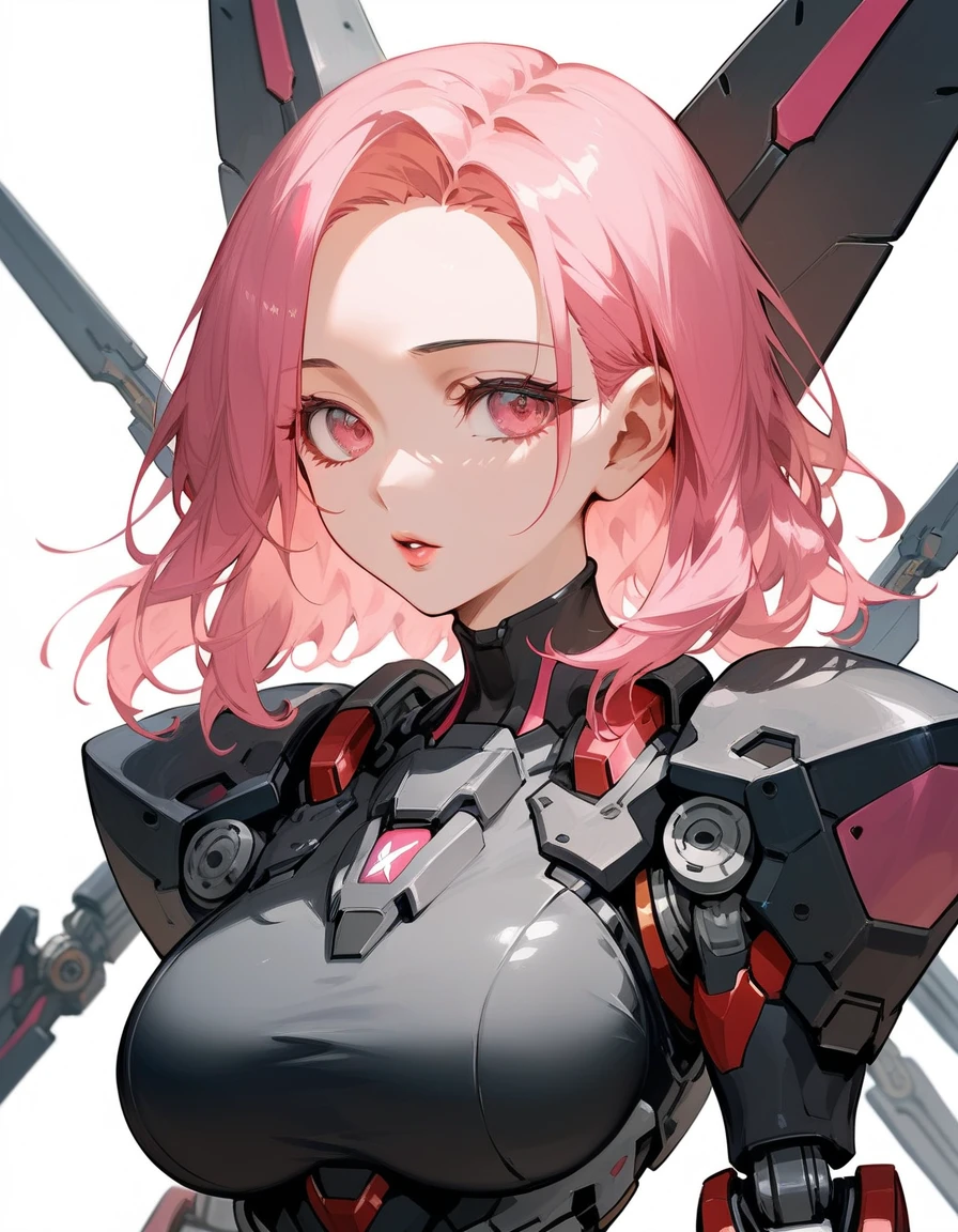 Score_9,Score_8_up,Score_7_up,highest quality, source_anime, highest quality, BREAK detailed lips, 1 girl, cute, 28 years old, (curvy:1.2), (medium hair, asymmetry bangs:1.2), (forehead:1.2), (pink hair, large breasts, pink eyes), mecha, robot, (firearms, lather gun), face shield, BREAK (close up face)