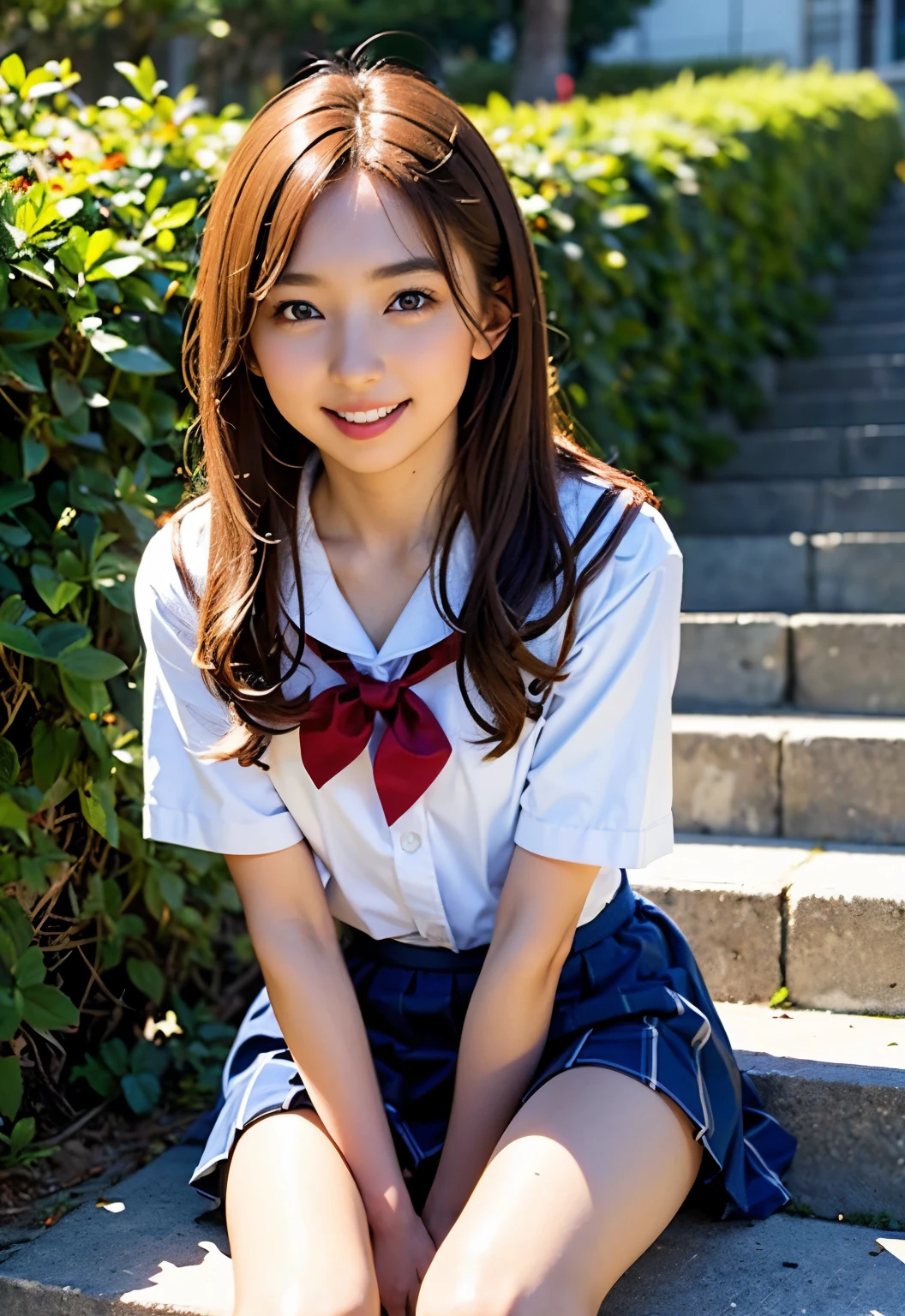 teens girl(​masterpiece:1.4)、(8K、realisitic、Raw photo、top-quality:1.4)、japanes、((Elementary school girl:1.3)), (1girl in)、beauitful face、(Real Face:1.4)、(Caramel hair、long:1.3)、Beautiful hairstyle、realisticeyes、Beautiful Detail Eye、(Real Skin:1.3)、Beautiful skin、enticing、超A high resolution、A hyper-realistic、high-detail、the golden ratio、High School Girl Uniform Skirt、Pubic area visible、sit on stairs、((Bend your knees and open your legs))、frontage