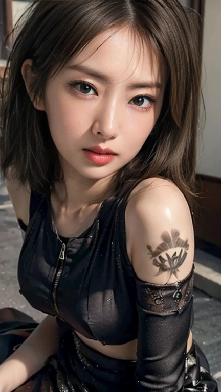 Anime-style woman, thin, thin, whole body, Full of tattoos, Lots of earrings, Beautiful and shiny hair, Rainbow Eyes, Slanted Eyes, Wavy Hair, Kind and charming, shoulderを露出させる, 繊細でセクシーなclavicle, Attractive oval face, double eyelid, Pink Lips, Small Nose, Concentrated face, Ultra-high resolution, Very detailed, Graceful posture, Nice, ultra-thin, とてもthin生地の黒色の伊勢型印伝柄ミニワンピース,arm、shoulder、clavicle,Tribal tattoo pattern body paint on chest,Glowing Skin, Realistic Background, sunlight