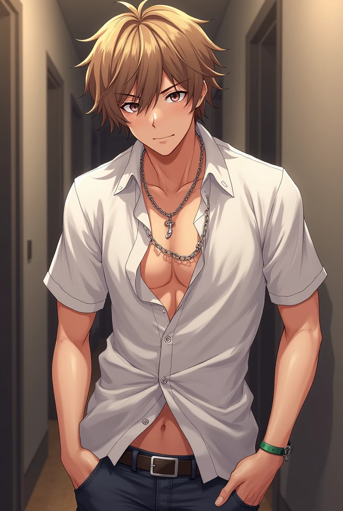 masterpiece, Highest quality, 19 old a boy, gay anime hentai, tall, bedroom alone, sexy pose, blushing and smile face, Upper body naked, Brown Hair, black eyes, leather shorts, want sex, prostitute boy, full body, crotch emphasis