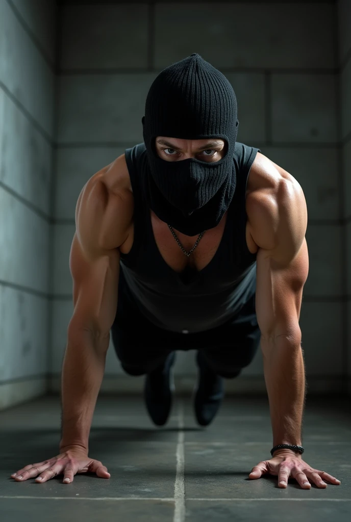 a beautiful handsome naked huge muscular male prisoner, standing blindfolded with his head in a full mask, full body view, in the corner of an empty darkened room, seen from a low angle