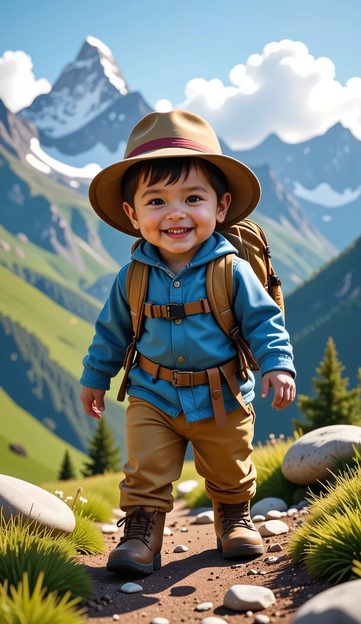 "Ultra-realistic 3D image of a cute, chubby, and adorable Australian baby boy, smiling happily while wearing a hiking hat, a comfy outdoor hiking outfit, and a tiny backpack. He is posing as if exploring the rugged terrain of a mountain, with stunning peaks, lush greenery, and clear skies in the background. His outfit is designed for adventure, with durable boots and a playful, curious expression. The peaceful, scenic atmosphere of the mountains adds to the charm of the scene, all captured in stunning 8K resolution."
