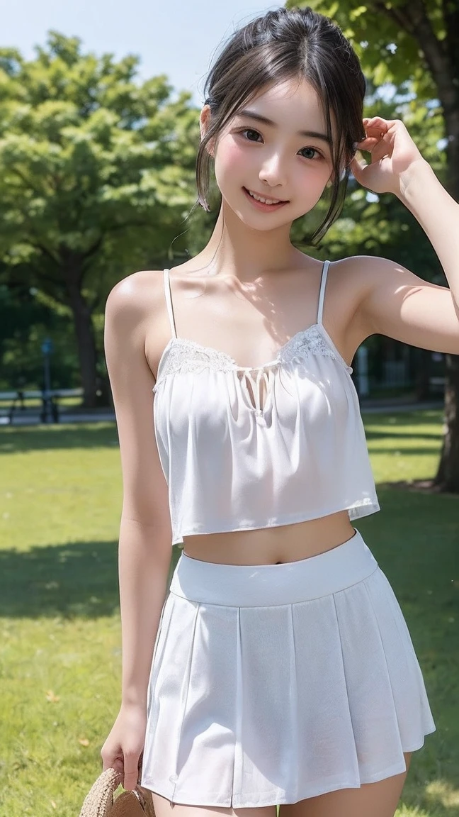 Neat and clean high school girl、(Long white silk camisole、White panties)、Outside the athletics field、(slim)、Photorealistic、detailed, Skin Texture, Super detailed、Delicate and sexy collarbone、A sloppy smile、Super detailed face、Lips、Detailed Eyes、Small breasts、Small breasts、、Small breasts、Flat Chest、Chest emphasis、Bright face、((Are standing、White panties are visible from under the skirt、Lift the hem of your skirt slightly with both hands,,)), Short hair with bangs、Straight bob hair、、Angle from top、