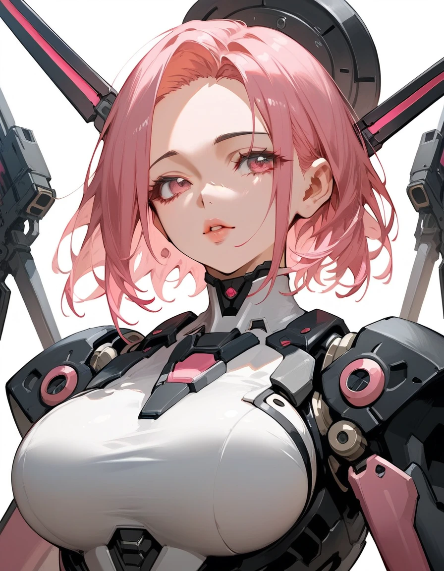 Score_9,Score_8_up,Score_7_up,highest quality, source_anime, highest quality, BREAK detailed lips, 1 girl, cute, 28 years old, (curvy:1.2), (medium hair, asymmetry bangs:1.2), (forehead:1.2), (pink hair, large breasts, pink eyes), mecha, robot, (firearms, lather gun), face shield, BREAK (close up face)