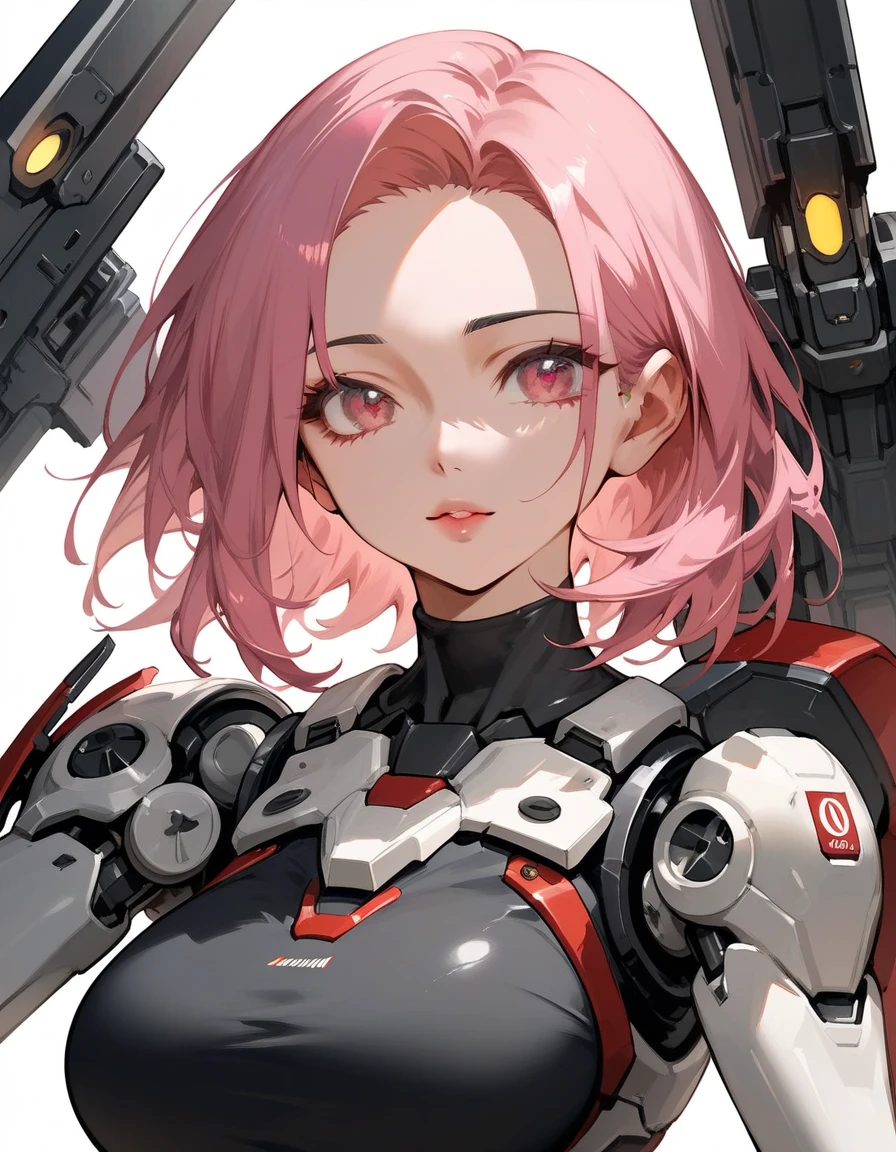 Score_9,Score_8_up,Score_7_up,highest quality, source_anime, highest quality, BREAK detailed lips, 1 girl, cute, 28 years old, (curvy:1.2), (medium hair, asymmetry bangs:1.2), (forehead:1.2), (pink hair, large breasts, pink eyes), mecha, robot, (firearms, lather gun), face shield, BREAK (close up face)