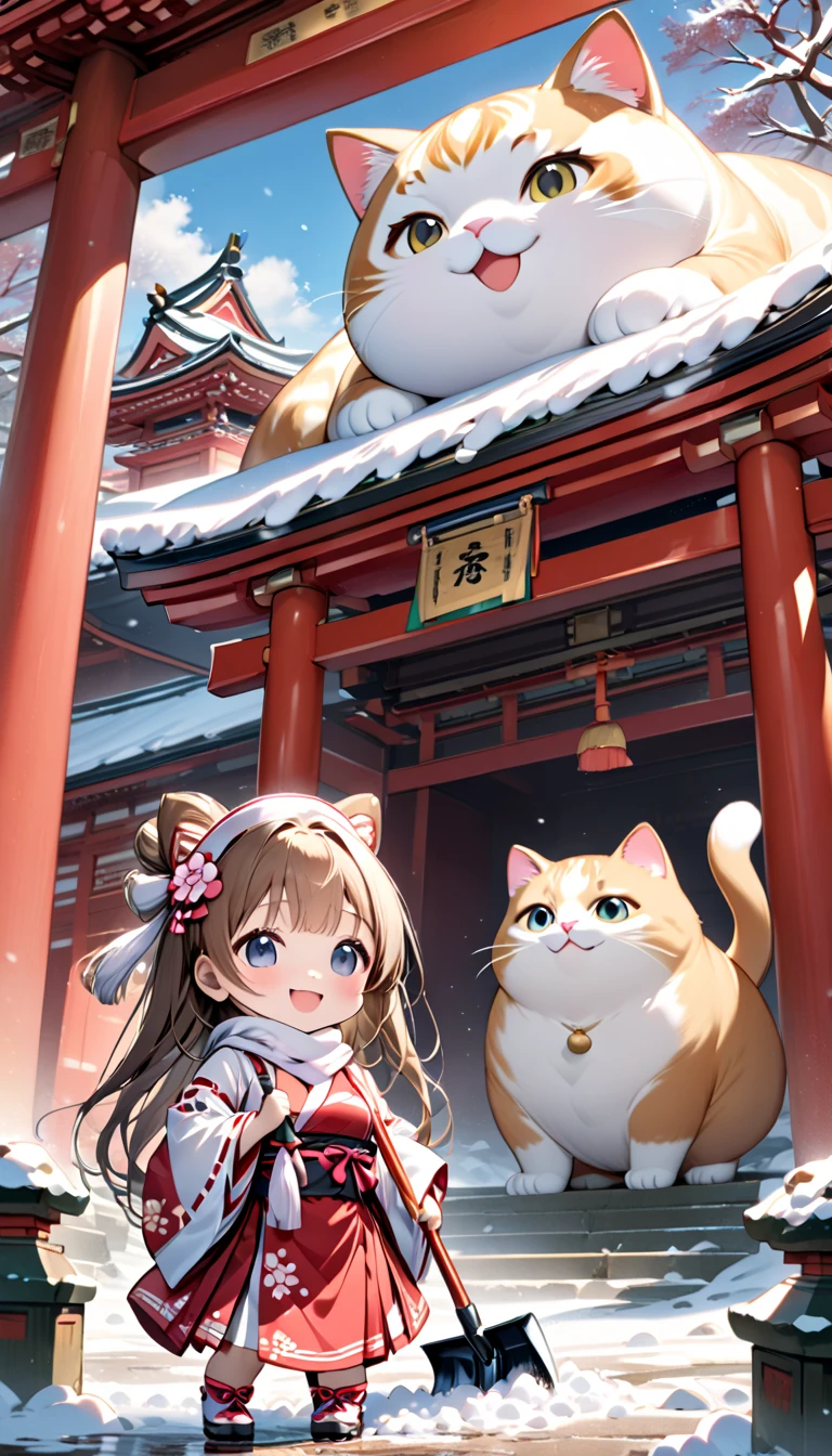 (masterpiece), (ultra-detailed), (best quality), (clear focus), dramatic scene, cinematic, shadow, (ultra-high resolution), (8k), perfect anatomy, perfect face, (detailed face), (detailed eye), (chibi:1.3), (cute Japanese chibi small girl:1.3), famous Japanese chibi idol but Japanese shrine maiden, very beautiful with cute but cool face, (the girl is wearing a cute miko costume with scarf:1.2), glove, snow boots, (medium breasts), (She is shoveling snow in front of a shrine gate with her giant fat cat friends:1.3), holding a snow shovel, The heavily snow covered main shrine and five-story pagoda of a magnificent shrine, , warm winter sunshine, professional lighting, (the family of human-like giant fat cats is visiting the shrine:1.3), (detailed giant fat cat:1.2), (showing), leafless trees, they looks so happy, happy smile, wide shot