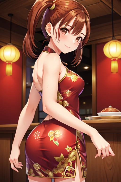 Jessica,  shiny maroon hair,  twin tails, ( beautiful brown eyes、 center split)、smile、 super detailed eyes、 very detailed face ,  highly detailed eyes ,cowboy shot,、(Alone,  One Girl )、 ,Master Piece,  top quality ,  high res, masterpiece , 




masterpiece, top quality ,  Aerial View,, ((red floral chinese mini dress：1.3)), from behind,  Looking back at the audience ,  Sweating,  is standing, smile, butt crack、（Inside a Chinese restaurant）