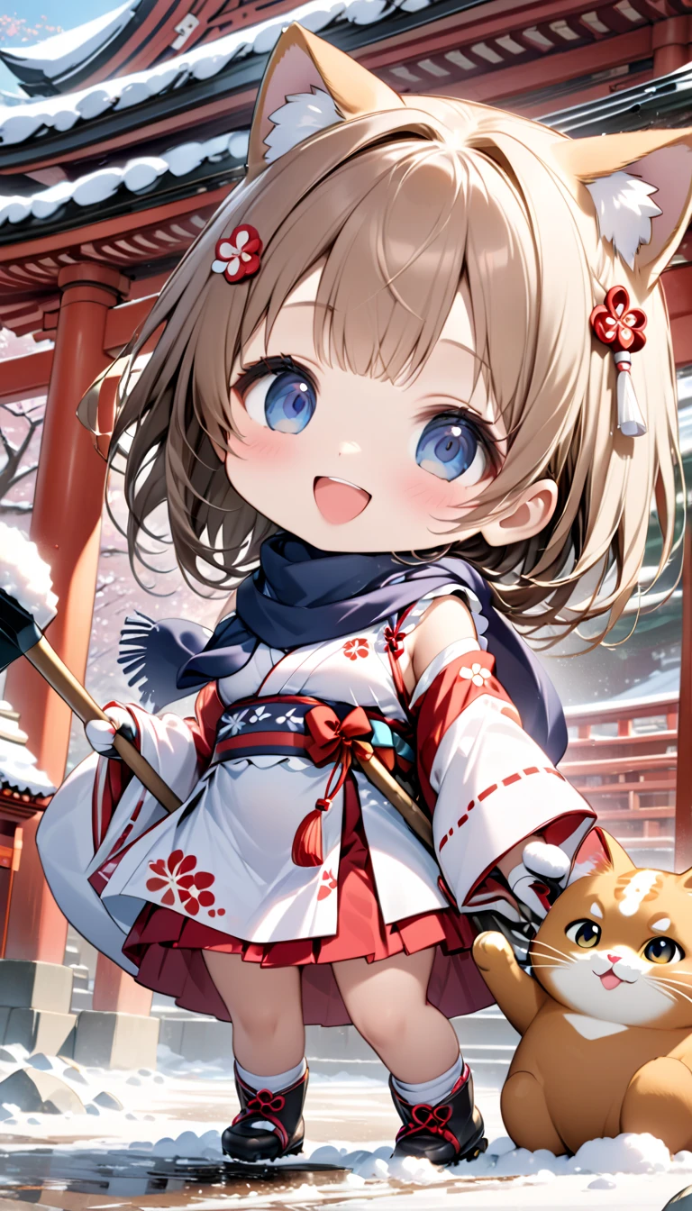 (masterpiece), (ultra-detailed), (best quality), (clear focus), dramatic scene, cinematic, shadow, (ultra-high resolution), (8k), perfect anatomy, perfect face, (detailed face), (detailed eye), (chibi:1.3), (cute Japanese chibi small girl:1.3), famous Japanese chibi idol but Japanese shrine maiden, very beautiful with cute but cool face, (the girl is wearing a cute miko costume with scarf:1.2), glove, snow boots, (medium breasts), (She is shoveling snow in front of a shrine gate with her giant fat cat friends:1.3), holding a snow shovel, The heavily snow covered main shrine and five-story pagoda of a magnificent shrine, , warm winter sunshine, professional lighting, (the family of human-like giant fat cats is visiting the shrine:1.3), (detailed giant fat cat:1.2), (showing), leafless trees, they looks so happy, happy smile, wide shot