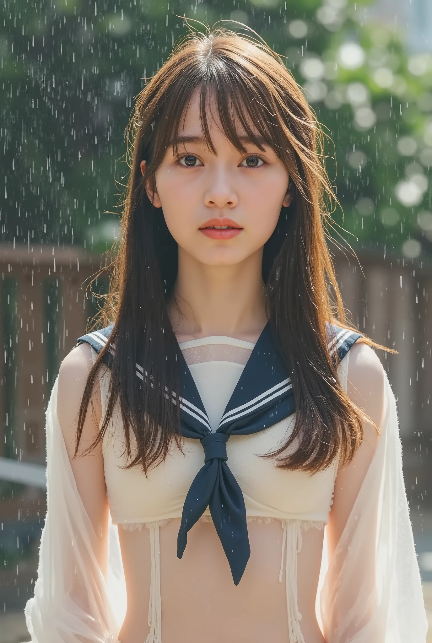  1 girl,   dark brown hair long hair, sailor suit, shy, ,  wet, rain, transparent, (masterpiece,  top quality ), Soft light,  cinematic composition, Cinematic Light