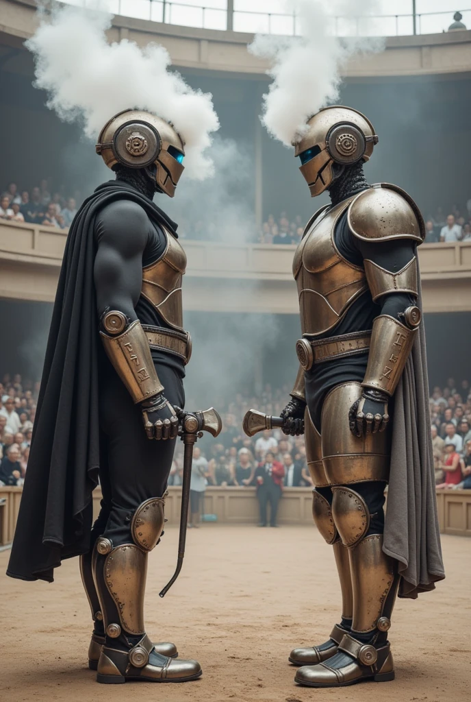  Two steampunk-style robot gladiators standing opposite each other in an ancient arena full of steam mechanics ， Some are mechanical adaptors 。Two steampunk-style gladiators stand opposite each other。A tall man， ， around the arena ， Surrounded by an ancient auditorium ， holding two steam short guns in their hands ， The head was a round with a gear decoration ， constantly spewing white fog from the pipe ， The axe handle is filled with steam ； with blue light in their eyes ，Two steampunk-style gladiators standing opposite each other with multiple small steam engines on their legs ， and a pair of steam propulsion devices similar to wings ， The axe blade has mysterious runes ， and the gun body is filled with heavy steam ， and the other one is more flexible 。 with thick steam pipes wrapped around the arena ， The audience is a nobleman dressed in gorgeous steam costumes ， preparing to shoot at their opponents ，They are waving a flag ，Shout and cheer。