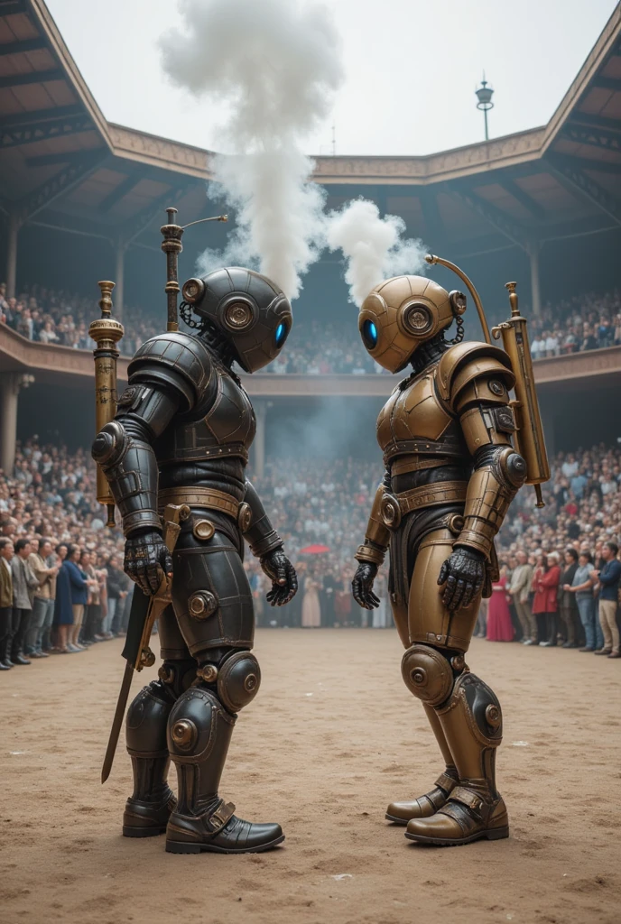  Two steampunk-style robot gladiators standing opposite each other in an ancient arena full of steam mechanics ， Some are mechanical adaptors 。Two steampunk-style gladiators stand opposite each other。A tall man， ， around the arena ， Surrounded by an ancient auditorium ， holding two steam short guns in their hands ， The head was a round with a gear decoration ， constantly spewing white fog from the pipe ， The axe handle is filled with steam ； with blue light in their eyes ，Two steampunk-style gladiators standing opposite each other with multiple small steam engines on their legs ， and a pair of steam propulsion devices similar to wings ， The axe blade has mysterious runes ， and the gun body is filled with heavy steam ， and the other one is more flexible 。 with thick steam pipes wrapped around the arena ， The audience is a nobleman dressed in gorgeous steam costumes ， preparing to shoot at their opponents ，They are waving a flag ，Shout and cheer。