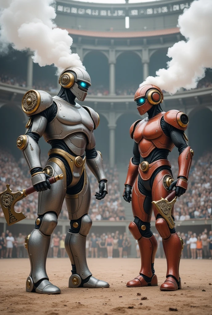  Two steampunk-style robot gladiators standing opposite each other in an ancient arena full of steam mechanics ， Some are mechanical adaptors 。Two steampunk-style gladiators stand opposite each other。A tall man， ， around the arena ， Surrounded by an ancient auditorium ， holding two steam short guns in their hands ， The head was a round with a gear decoration ， constantly spewing white fog from the pipe ， The axe handle is filled with steam ； with blue light in their eyes ，Two steampunk-style gladiators standing opposite each other with multiple small steam engines on their legs ， and a pair of steam propulsion devices similar to wings ， The axe blade has mysterious runes ， and the gun body is filled with heavy steam ， and the other one is more flexible 。 with thick steam pipes wrapped around the arena ， The audience is a nobleman dressed in gorgeous steam costumes ， preparing to shoot at their opponents ，They are waving a flag ，Shout and cheer。