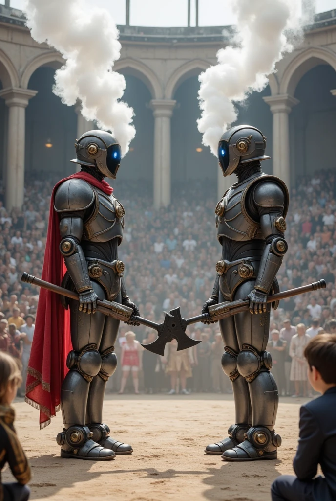  Two steampunk-style robot gladiators standing opposite each other in an ancient arena full of steam mechanics ， Some are mechanical adaptors 。Two steampunk-style gladiators stand opposite each other。A tall man， ， around the arena ， Surrounded by an ancient auditorium ， holding two steam short guns in their hands ， The head was a round with a gear decoration ， constantly spewing white fog from the pipe ， The axe handle is filled with steam ； with blue light in their eyes ，Two steampunk-style gladiators standing opposite each other with multiple small steam engines on their legs ， and a pair of steam propulsion devices similar to wings ， The axe blade has mysterious runes ， and the gun body is filled with heavy steam ， and the other one is more flexible 。 with thick steam pipes wrapped around the arena ， The audience is a nobleman dressed in gorgeous steam costumes ， preparing to shoot at their opponents ，They are waving a flag ，Shout and cheer。