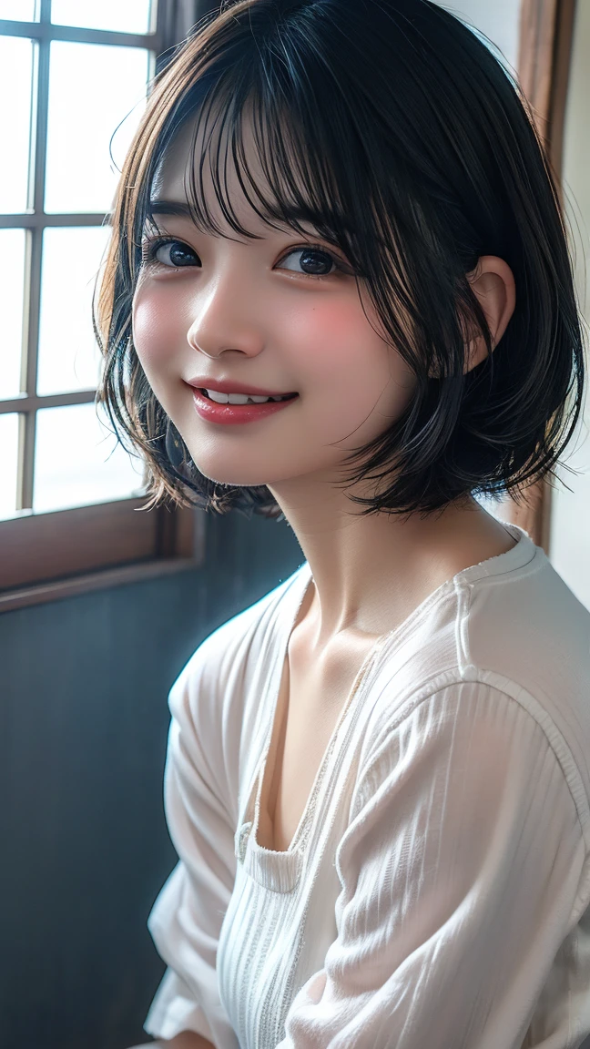 best quality, muste piece, ultra high resolution, (It's photorealistic:1.4), Raw photo, 1 girl, K deーPOP idol, short hair, slender body,((kendo,swordsman)),detailed eyes,(realistic eyes),delicate face,realsK dein,detailed hair,Detailed sK dein,pretty face,((smiling))、((Laughter))、((You look happy, smile)),