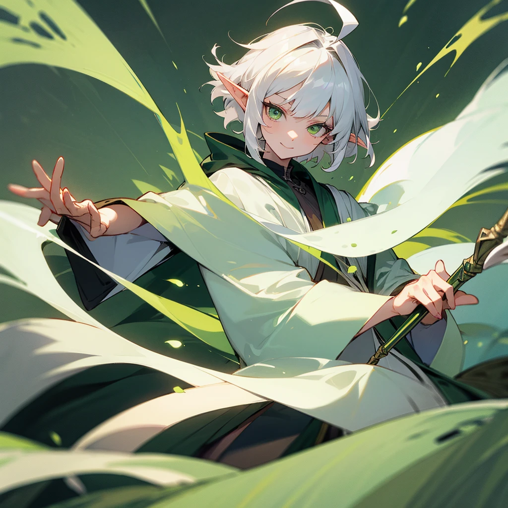 elf, female, silver hair,short hair, medium cut, ahoge, curly hair, green eyes,slender, green cloak, White wizard robe, fair skin, cool mild Smile, annoyance, with left hands wand