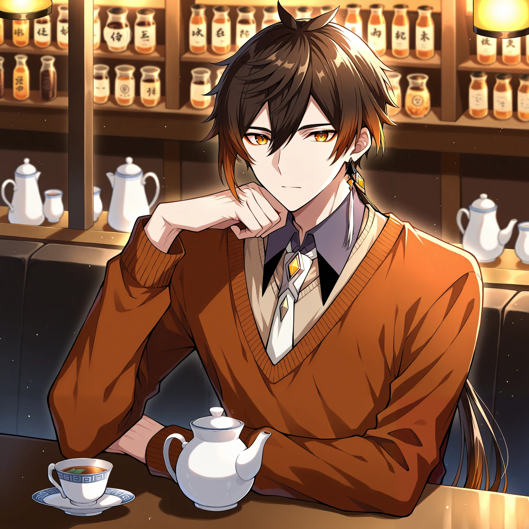 score_9, score_8_up, score_7_up, portrait,  Depth of field ,  1 boy , One,  male focus, bisyonen, Slim, toned, Zhongli,  brown hair , low ponytail,  yellow eyes ,  red eyeliner ,  tsurime, dressed in a white sweater and tie , sitting at a table in a coffee shop ,  there is a Chinese teapot and a cup of tea on the table