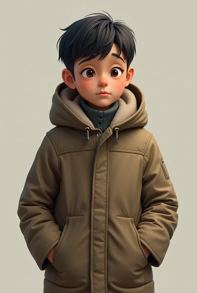 A boy with a red jacket and a red hood, and whose body looks strong but whose face is tender. And whose hair is not so big, a little bigger than a military cut.