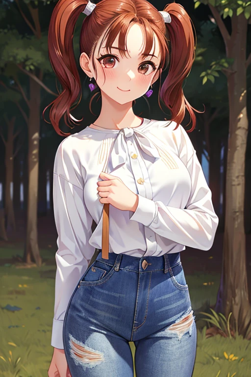 Jessica,  shiny maroon hair,  twin tails, ( beautiful brown eyes、 center split)、smile、 super detailed eyes、 very detailed face ,  highly detailed eyes ,cowboy shot,、(Alone,  One Girl )、 ,Master Piece,  top quality ,  high res, masterpiece , 



nsfw、
masterpiece, top quality , ((Pichi Pichi's white shirt、Denim pants)), wet body， rain、豪rain、 grassland、青いgrassland
