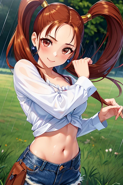 Jessica,  shiny maroon hair,  twin tails, ( beautiful brown eyes、 center split)、smile、 super detailed eyes、 very detailed face ,  highly detailed eyes ,cowboy shot,、(Alone,  One Girl )、 ,Master Piece,  top quality ,  high res, masterpiece , 



nsfw、
masterpiece, top quality , ((Pichi Pichi's white shirt、Denim pants)), wet body， rain、豪rain、 grassland、青いgrassland
