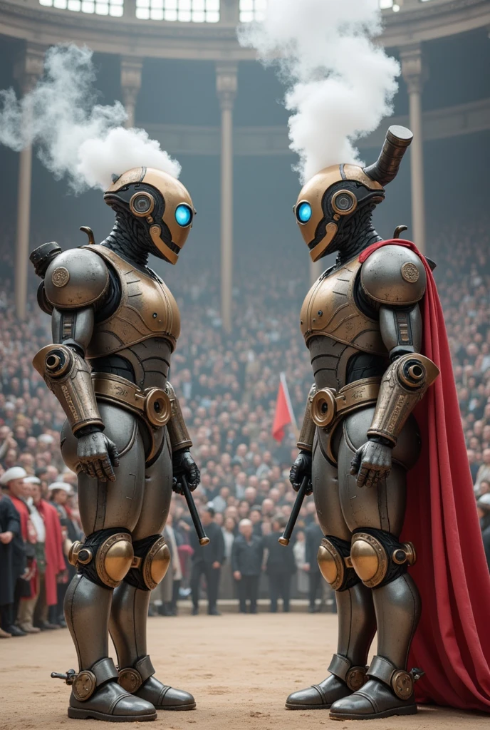  Two steampunk-style robot gladiators standing opposite each other in an ancient arena full of steam mechanics ， Some are mechanical adaptors 。Two steampunk-style gladiators stand opposite each other。A tall man， ， around the arena ， Surrounded by an ancient auditorium ， holding two steam short guns in their hands ， The head was a round with a gear decoration ， constantly spewing white fog from the pipe ， The axe handle is filled with steam ； with blue light in their eyes ，Two steampunk-style gladiators standing opposite each other with multiple small steam engines on their legs ， and a pair of steam propulsion devices similar to wings ， The axe blade has mysterious runes ， and the gun body is filled with heavy steam ， and the other one is more flexible 。 with thick steam pipes wrapped around the arena ， The audience is a nobleman dressed in gorgeous steam costumes ， preparing to shoot at their opponents ，They are waving a flag ，Shout and cheer。