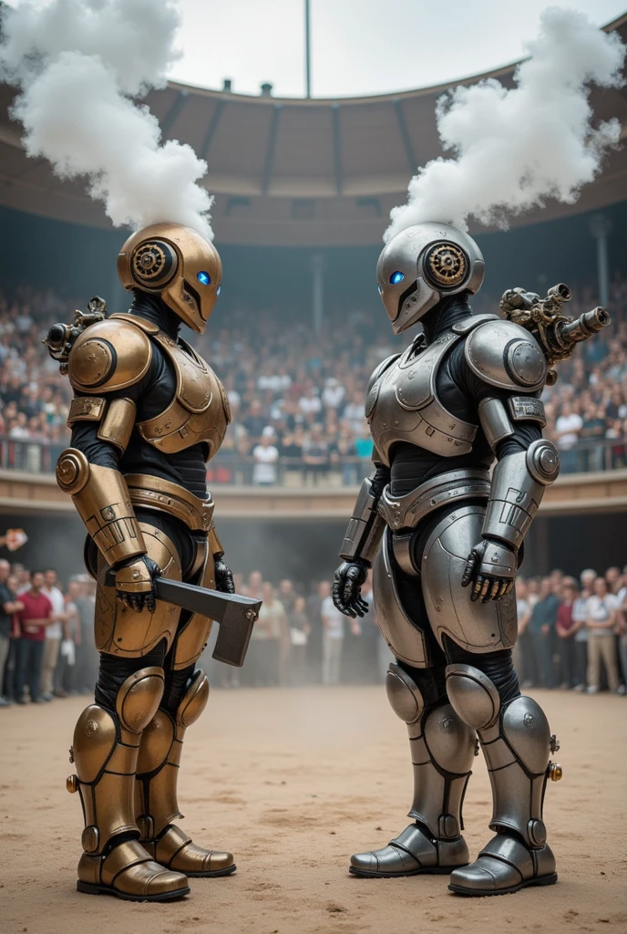  Two steampunk-style robot gladiators standing opposite each other in an ancient arena full of steam mechanics ， Some are mechanical adaptors 。Two steampunk-style gladiators stand opposite each other。A tall man， ， around the arena ， Surrounded by an ancient auditorium ， holding two steam short guns in their hands ， The head was a round with a gear decoration ， constantly spewing white fog from the pipe ， The axe handle is filled with steam ； with blue light in their eyes ，Two steampunk-style gladiators standing opposite each other with multiple small steam engines on their legs ， and a pair of steam propulsion devices similar to wings ， The axe blade has mysterious runes ， and the gun body is filled with heavy steam ， and the other one is more flexible 。 with thick steam pipes wrapped around the arena ， The audience is a nobleman dressed in gorgeous steam costumes ， preparing to shoot at their opponents ，They are waving a flag ，Shout and cheer。