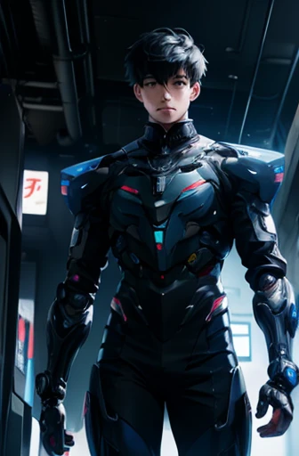 Alone、Front、whole body、Anime boy protagonist in a futuristic mechanical combat suit、Cyberpunk Anime Boy、