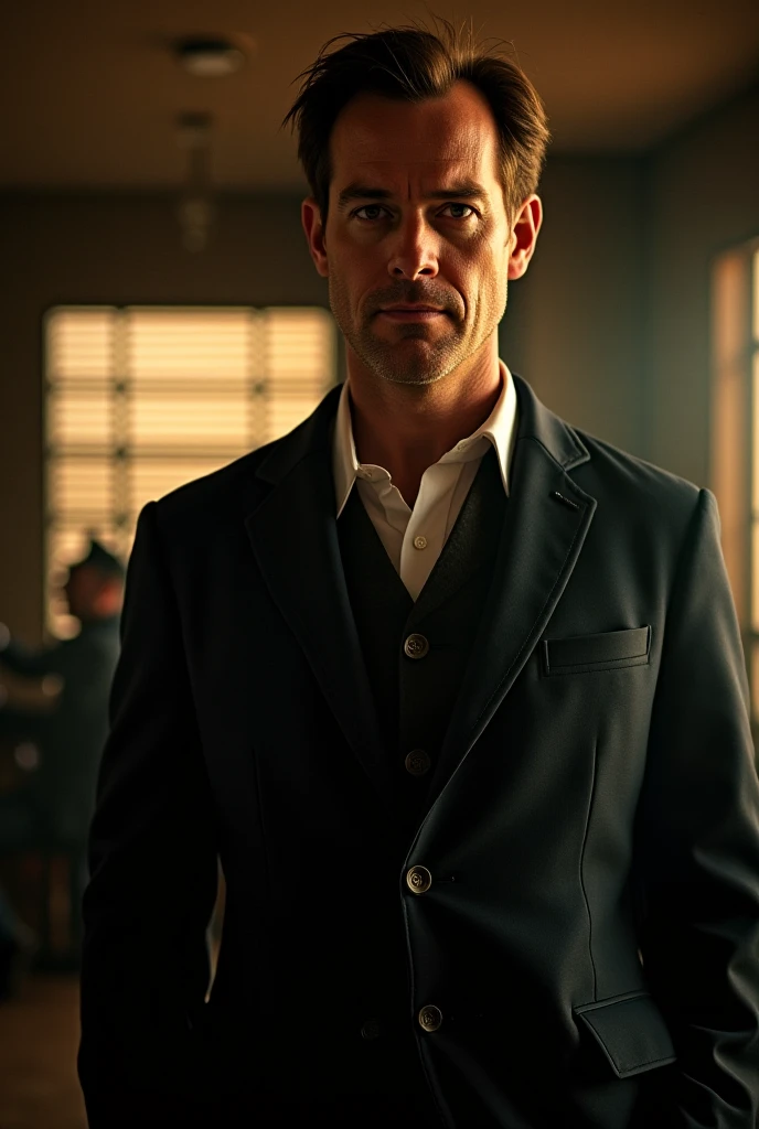 arafed man in trench coat sitting at a table with his hands folded, frank moth, ryan dening, portrait of a detective, constantine, neo noir style, greg rutowski, by Andrew Domachowski, attractive man, handsome man, noir film still, he is wearing a trenchcoat, trench coat and suit, tyler durden, detective