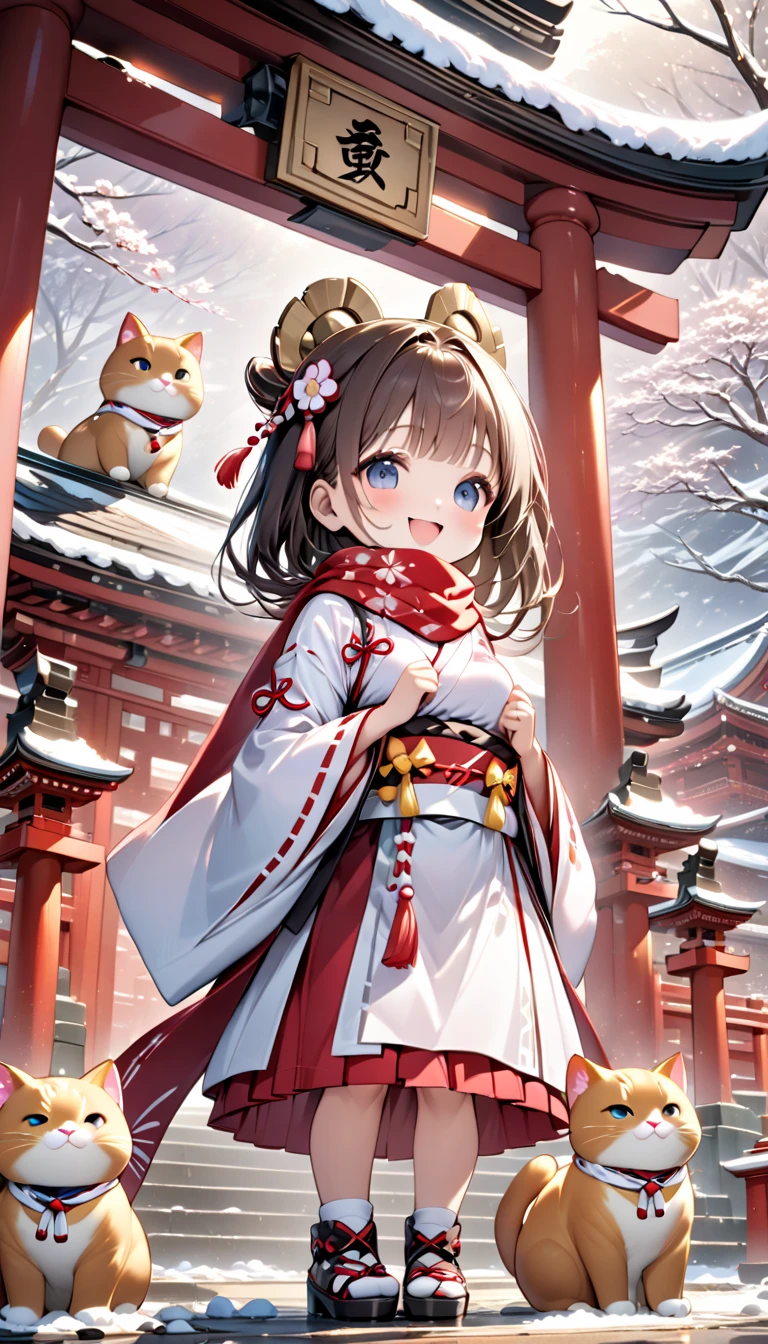 (masterpiece), (ultra-detailed), (best quality), (clear focus), dramatic scene, cinematic, shadow, (ultra-high resolution), (8k), perfect anatomy, perfect face, (detailed face), (detailed eye), (chibi:1.3), (cute Japanese chibi small girl:1.3), famous Japanese chibi idol but Japanese shrine maiden, very beautiful with cute but cool face, (the girl is wearing a cute miko costume with scarf:1.2), glove, snow boots, (medium breasts), (She is standing in front of a shrine gate with her giant fat cat friends:1.3), The heavily snow covered main shrine and five-story pagoda of a magnificent shrine, , warm winter sunshine, professional lighting, (the family of human-like giant fat cats is visiting the shrine:1.3), (detailed giant fat cat:1.2), (showing), leafless trees, they looks so happy, happy smile, wide shot