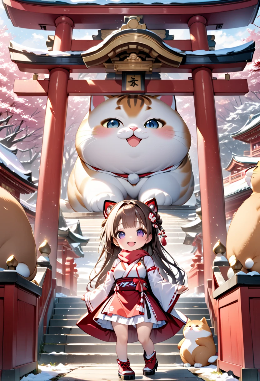 (masterpiece), (ultra-detailed), (best quality), (clear focus), dramatic scene, cinematic, shadow, (ultra-high resolution), (8k), perfect anatomy, perfect face, (detailed face), (detailed eye), (chibi:1.3), (cute Japanese chibi small girl:1.3), famous Japanese chibi idol but Japanese shrine maiden, very beautiful with cute but cool face, (the girl is wearing a cute miko costume with scarf:1.2), glove, snow boots, (medium breasts), (She is standing in front of a shrine gate with her giant fat cat friends:1.3), The heavily snow covered main shrine and five-story pagoda of a magnificent shrine, , warm winter sunshine, professional lighting, (the family of human-like giant fat cats is visiting the shrine:1.3), (detailed giant fat cat:1.2), (showing), leafless trees, they looks so happy, happy smile, wide shot