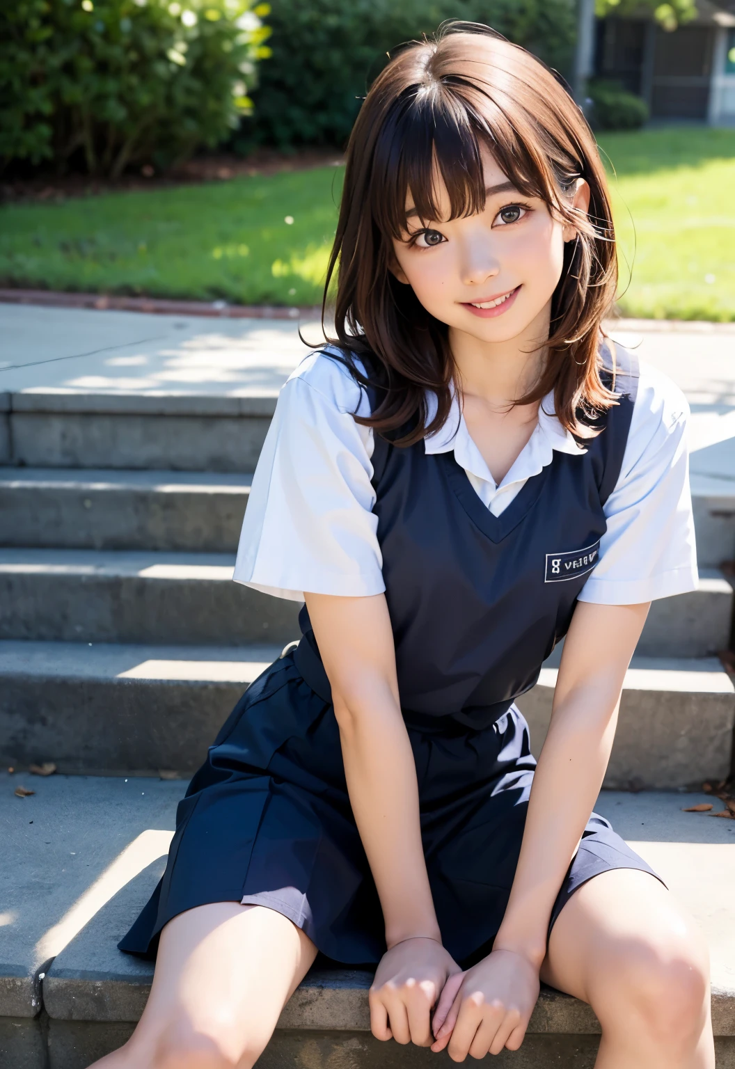 teens girl(masterpiece:1.4)、(8K、realisitic、Raw photo、top-quality:1.4)、japanes、((:1.3)), (1girl in)、beauitful face、(Real Face:1.4)、(Caramel hair、long:1.3)、Beautiful hairstyle、realisticeyes、Beautiful Detail Eye、(Real Skin:1.3)、Beautiful skin、enticing、超A high resolution、A hyper-realistic、high-detail、the golden ratio、High School Girl Uniform Skbic area visible、sit on stairs、((Bend your knees and open your legs))、frontage