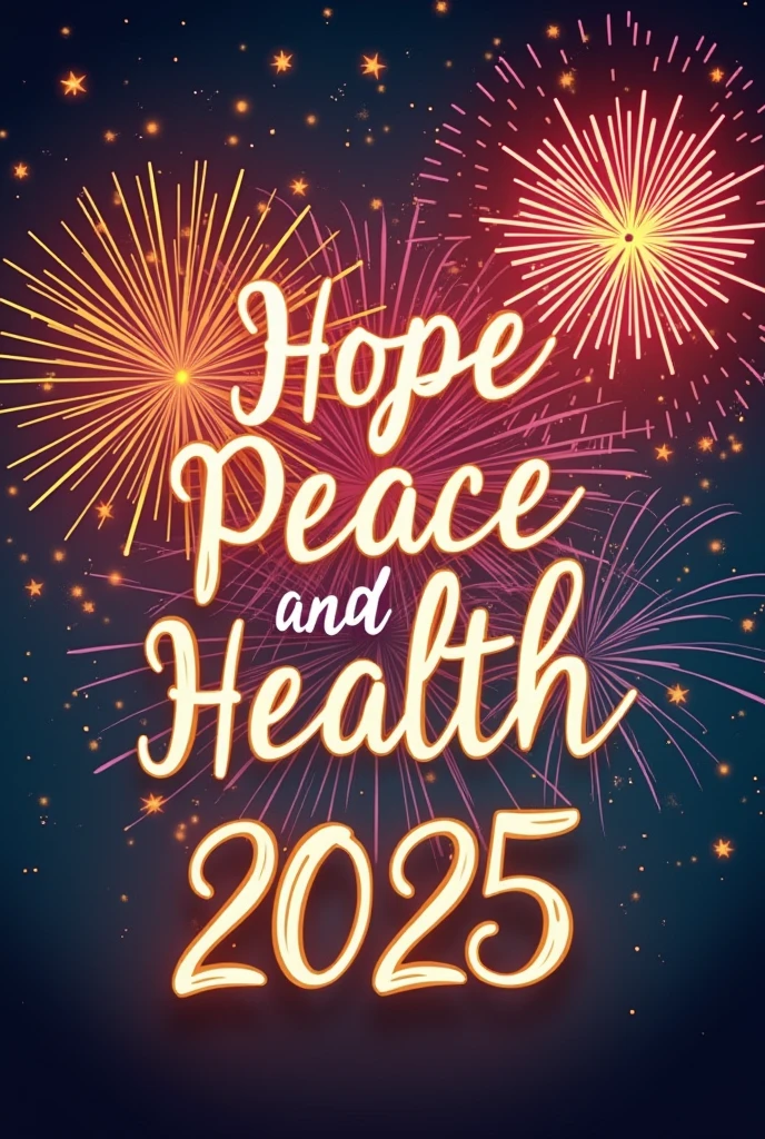 Make an inscription Happy New Year 2025 Hope, Peace and Health. Background fireworks