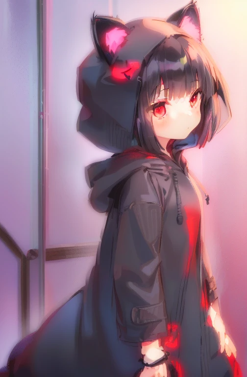 (((((( black cat ears hooded coat))))))，(((((( bob hair))))))，(((((( 1 girl))))))，((((((Loli Dress))))))，(((((( big red eyes))))))