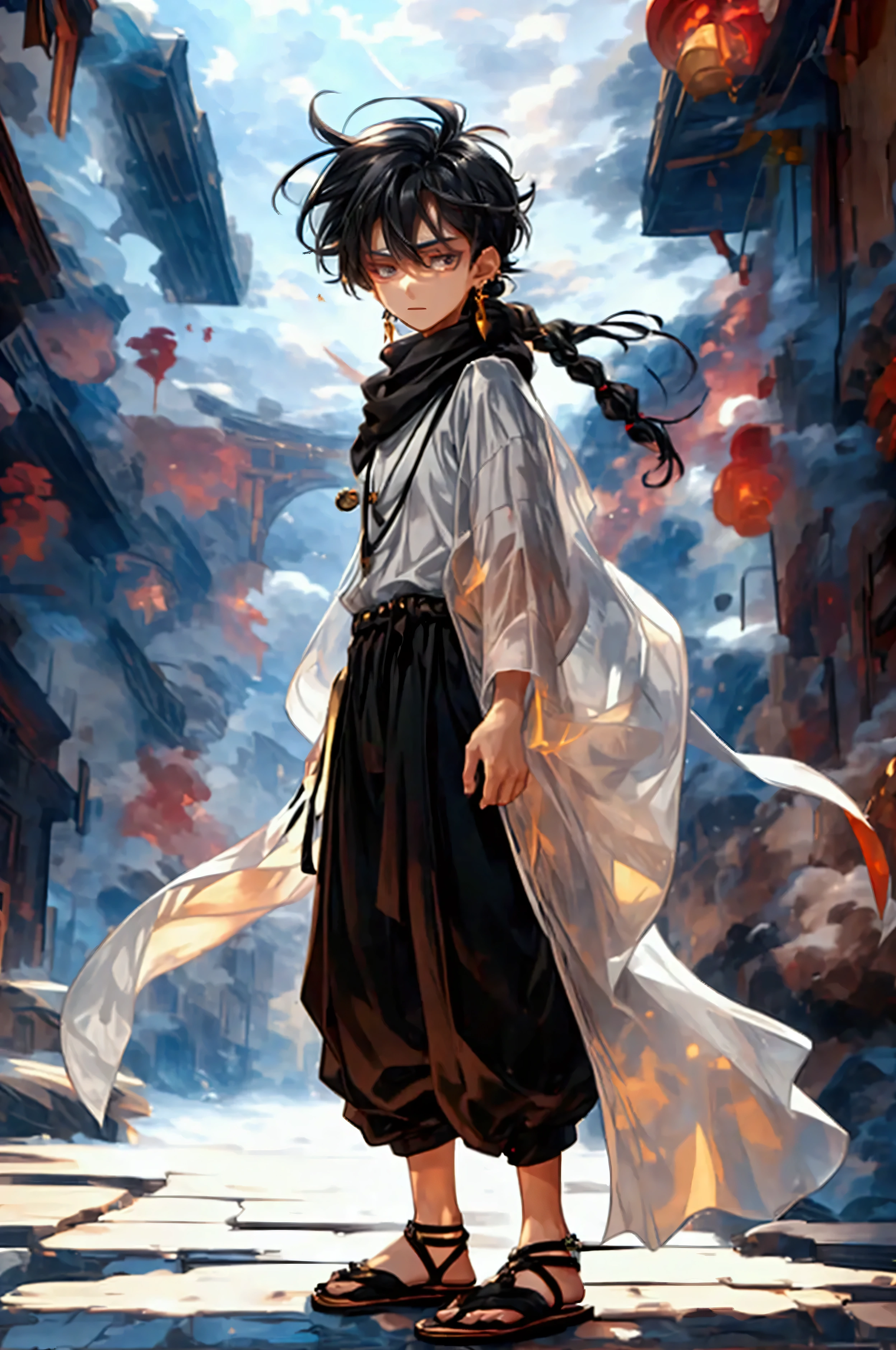 A young fifteen year old boy, long black braid , dark trousers, sandals, a black long sleeved shirt , a long white scarf, black crescent earring on the right ear, grey eyes