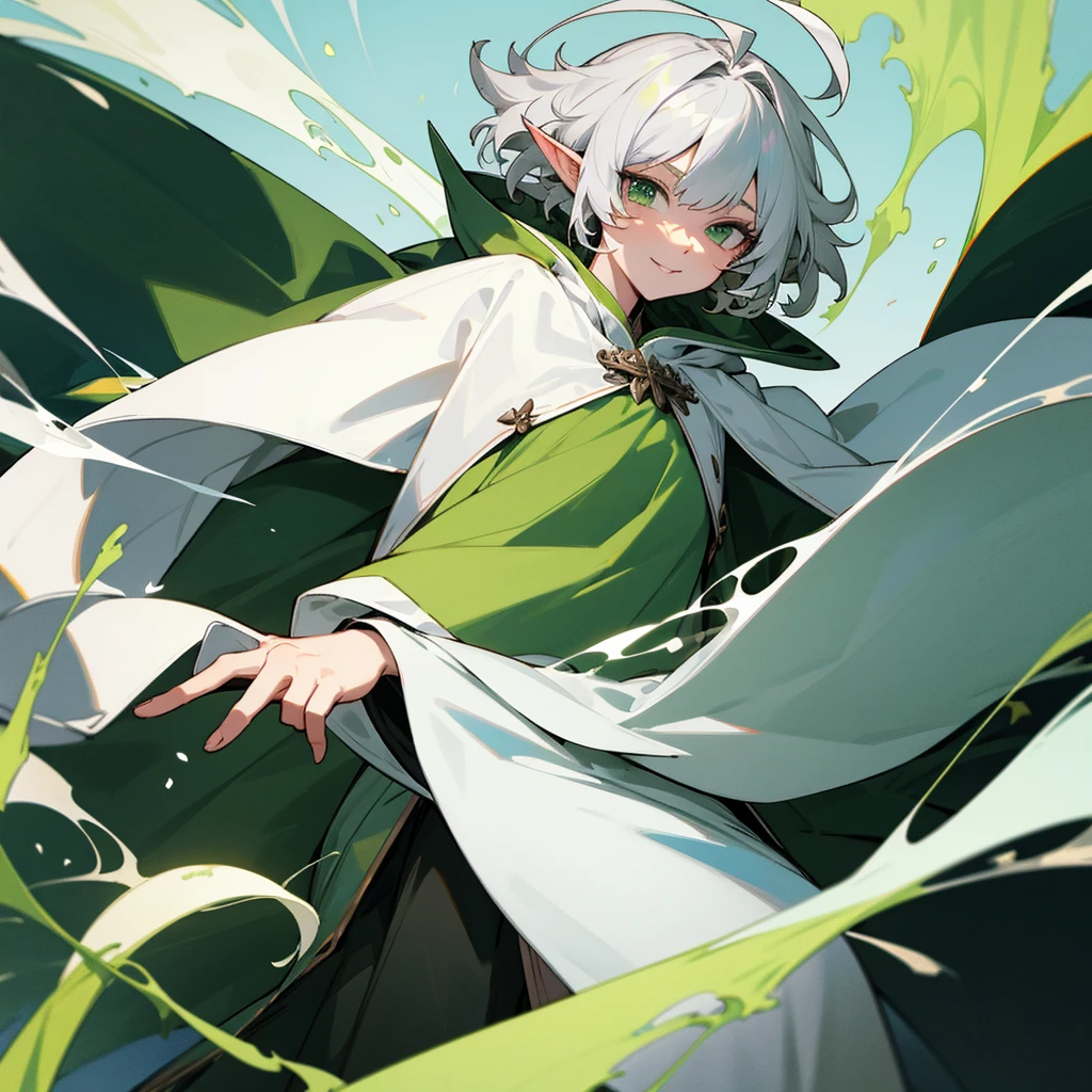 elf, female, silver hair,short hair, medium cut, ahoge, curly hair, green eyes,slender, green cloak, White wizard robe, fair skin, cool mild Smile, annoyance, with left hands wand