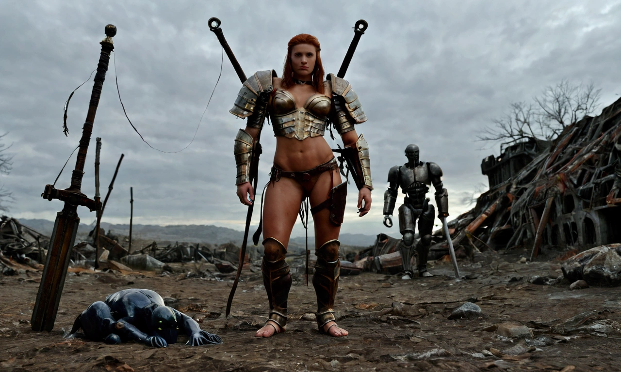 female warrior kills male, female has big breasts, female exposes belly, female taller than male, slaughter, war, killer, swords with blood, female is spattered by blood of male, female raises a head of male dead body, female warrior cuts off male head, males dead body