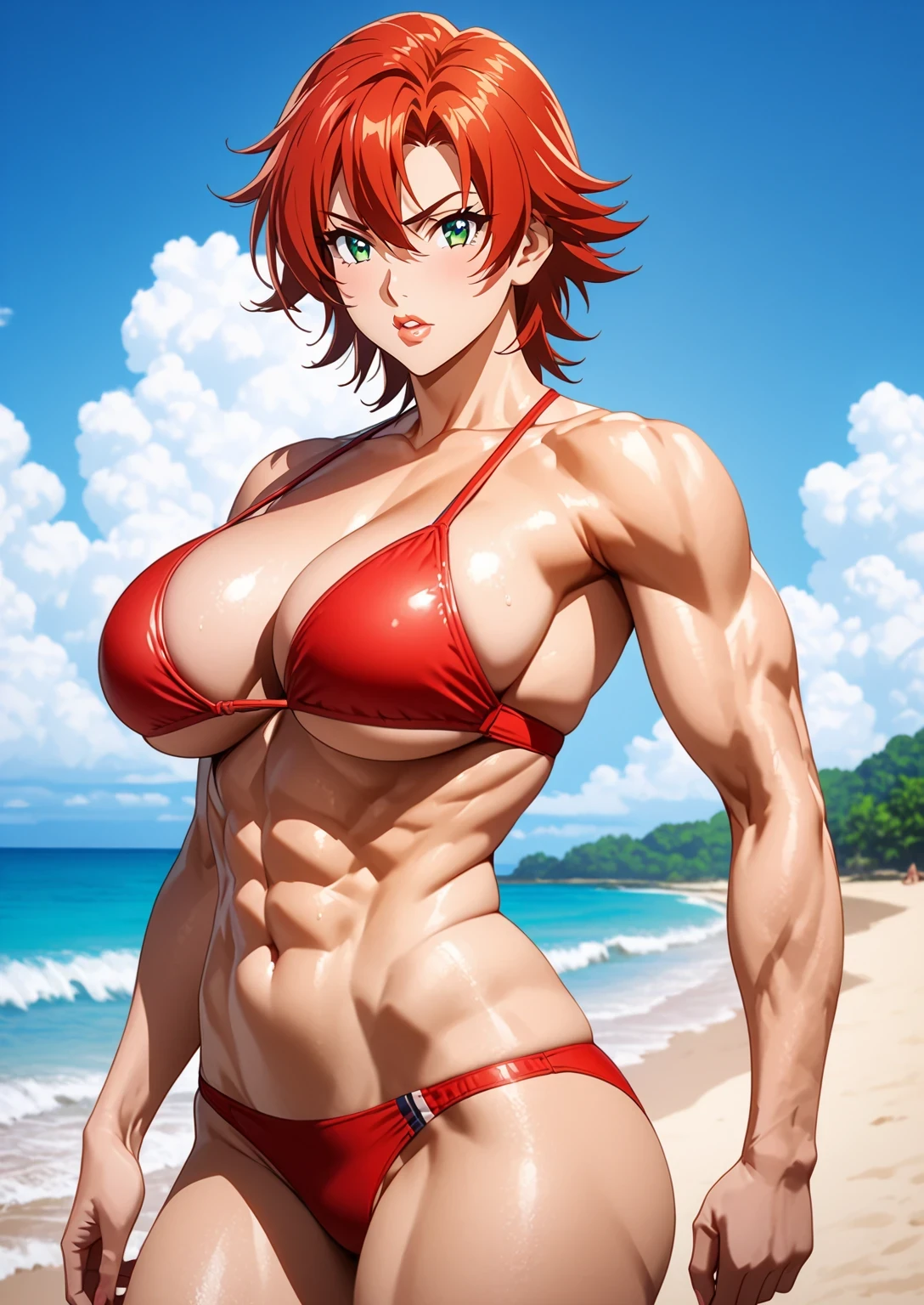 score 9 , score 8 up, score 7 up, source anime, masterpiece,  top quality ,  high res, 1woman,  Glossy Lips on the Beach cartoon picture of a woman in a black bikini, alone, Short Hair,  red hair,  green eyes,  hair between eyes , Realistic Bikini, Attractive anime women,  muscular woman , Big Breasts, cleavage, midriff, abs, Colla  , navel, stomach,  woman with very big breasts , Strong muscles, clothing: bikini swimsuit, bikini top with an black, bikini bottom with an black,  Bigger Chest and Butt ,  glossy lips on the beach , in a triangle bikini,  glossy lips on the beach , Tall Woman, Muscular and strong,  female college students, Ecchi anime style, brave woman ,  wearing a swimsuit ,  Bigger Chest and Butt ,  Woman Standing ,  cowboy shot, looking at viewer, Female focus, masculine woman, manly female, Masculine vibe,  Courageous Atmosphere , Brave mood,