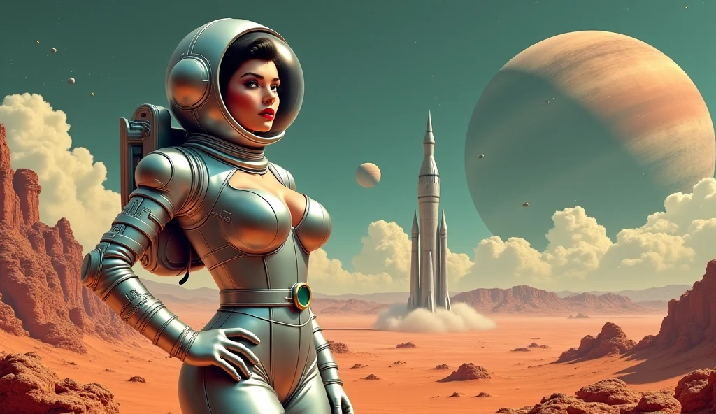 Buck rogers, portrayed by a cute woman, is rescuing the earth woman from the evil robots on Mongo, retro sci fi architecture, high action, lasers, titillations