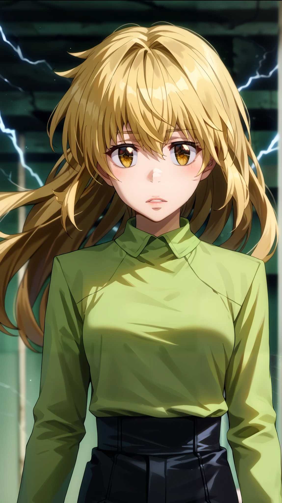  1 girl fights,  clear focus ,  soft lighting , ( Very detailed face  ), ( very detailed eyes  ),  1 adult girl , кареглазая  blonde  ,  Depth of field  , ((  looks at the viewer )),  half-turned ,  in profile  (( long bright yellow hair develops in the wind,  long blond hair to the waist )), shorts,  blonde  ,  long sleeves,  brown eye  , khaki t-shirt (( of the military-colored shirt )), high,  small bust , Breasts, shorts,  black leather thigh length boots  , in the anime style katekyo hitman reborn  ,  against the background of green electric lightning ,  green electrical discharges around the body, slightly opened her lips , blush,  long hair to the waist ,  long yellow hair 