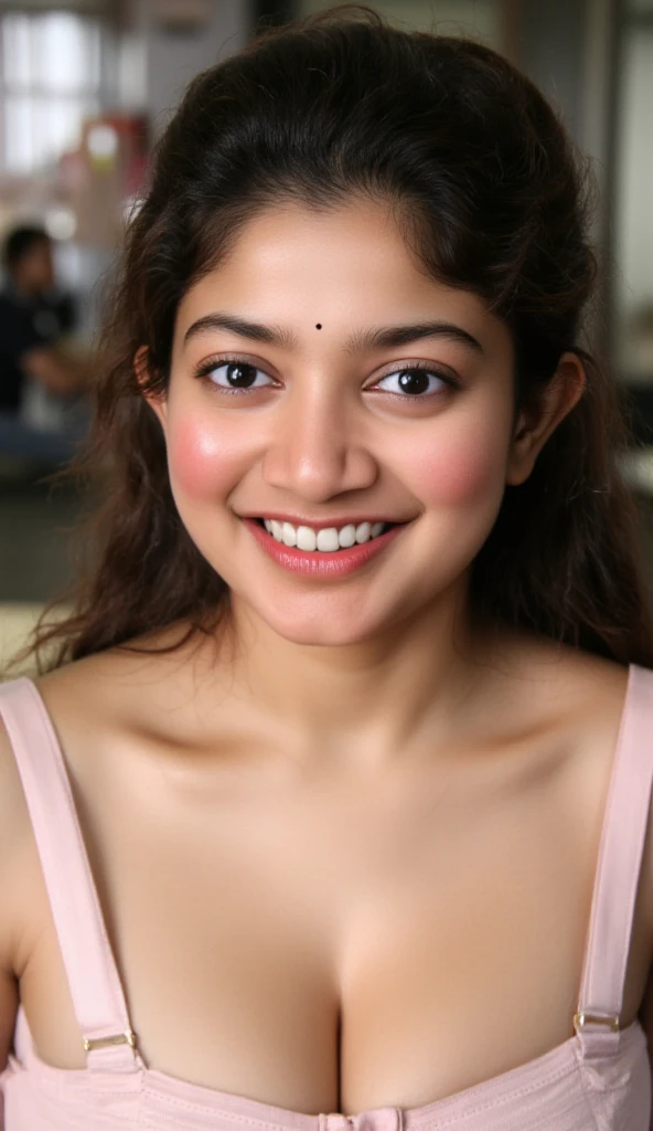 Sai Pallavi, A woman kneeling gracefully, wearing a traditional Indian blouse which is unbuttoned . The blouse has delicate embroidery, enhancing the elegance of her attire. The image is captured from a top-down angle, with the woman looking up at the viewer, her eyes expressive and engaging. Her hair is styled beautifully, and she wears subtle jewelry that complements her traditional look. Soft lighting highlights her facial features and the details of her blouse, creating an intimate, captivating atmosphere that draws the viewer into her gaze." Full body view. Nipples popping out of blouse.