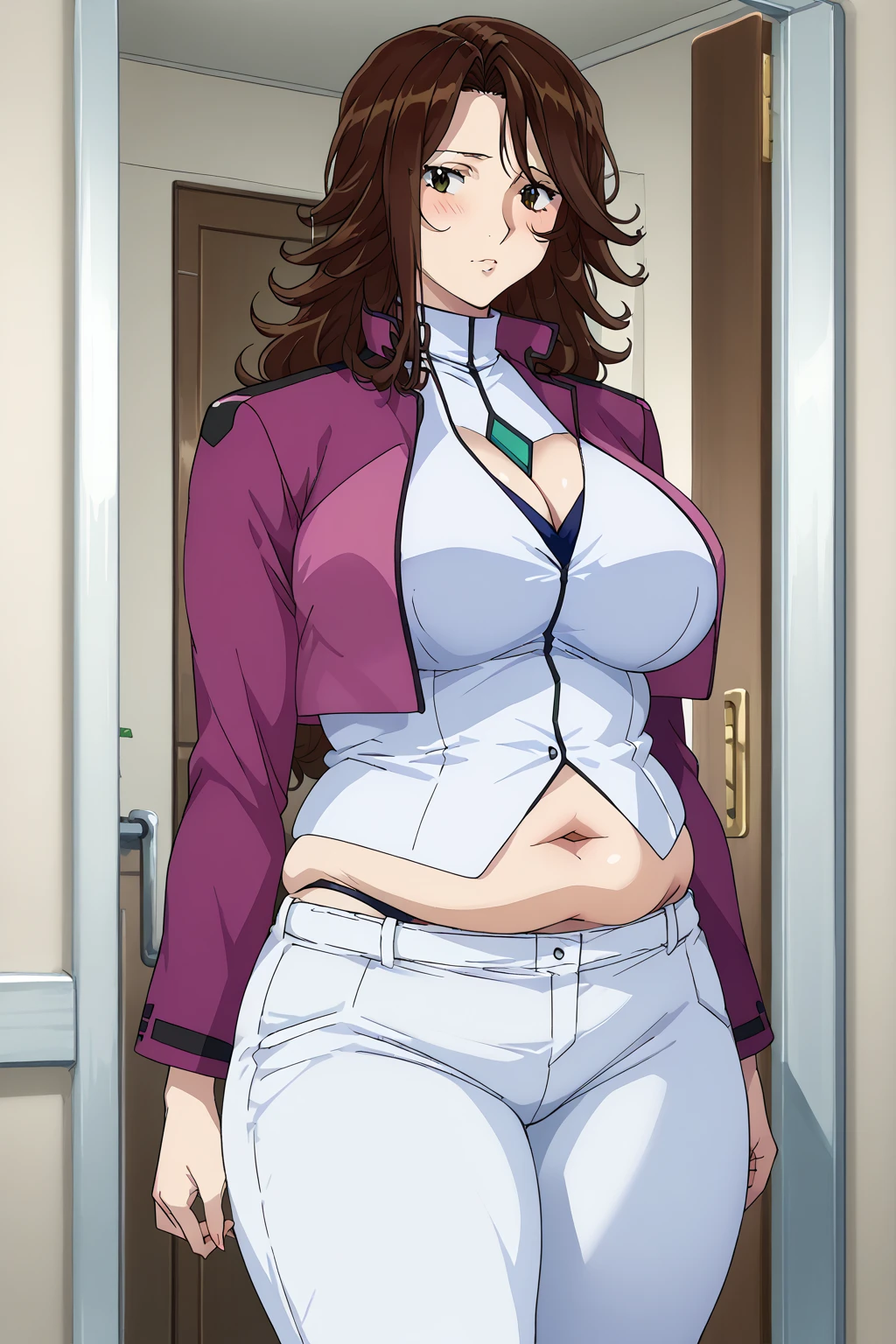  Sumeragi Lee Noriega ,  Sumeragi Lee Noriega ,cb uniform , cropped jacket, White trousers,Obese middle-aged woman, troubled expression, embarrassing expression ,milf, chubby, score_9,  score_8_ up、 score_7_ up、 score_6_ up、 score_5_ up、 score_4_ up、 masterpieces at the front door of the house、 top quality , very aesthetic,  absurd、 source screen cap ,  one woman、Alone、 personal  、 brown eyes、 brown hair 、 long hair、Super huge breasts,  super huge clevis、Super huge, Super huge boob,Curvy、 wide hips、 